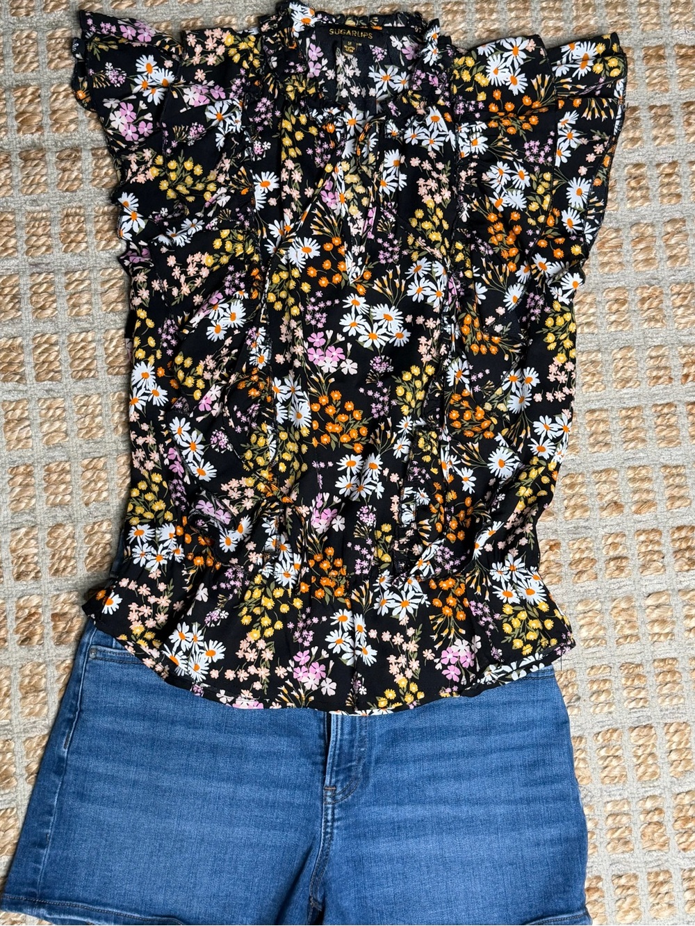 Sugarlips Black Floral Ruffle Sleeve Blouse with White, Yellow & Pink Flowers